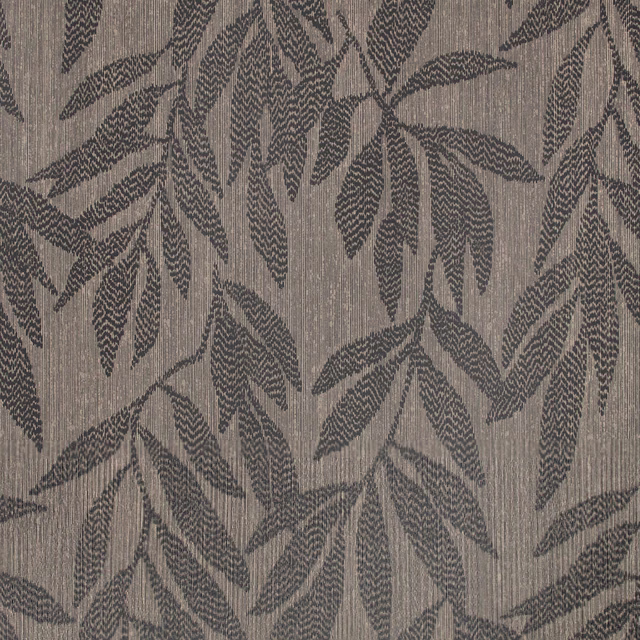 Cool taupe wallpaper with charcoal leafy branches and fine vertical striations