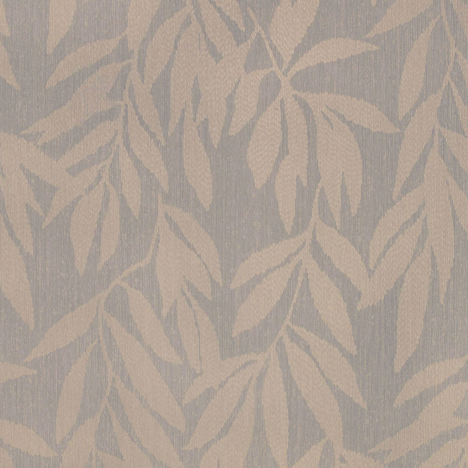 Muted Swedish grey wallpaper with taupe botanical leaves and fine vertical striations