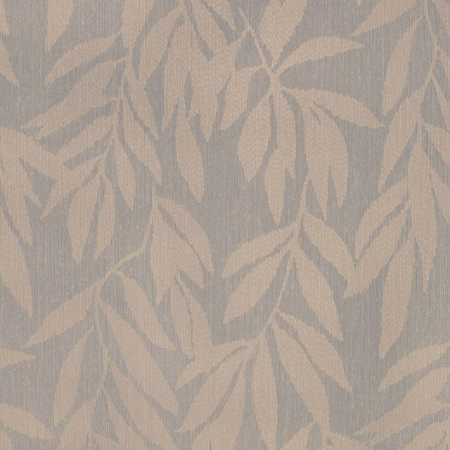 Muted Swedish grey wallpaper with taupe botanical leaves and fine vertical striations