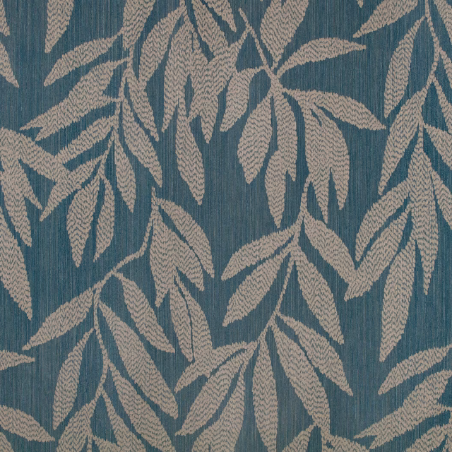 Muted teal wallpaper with pale taupe overlapping leaf sprays and fine vertical striations