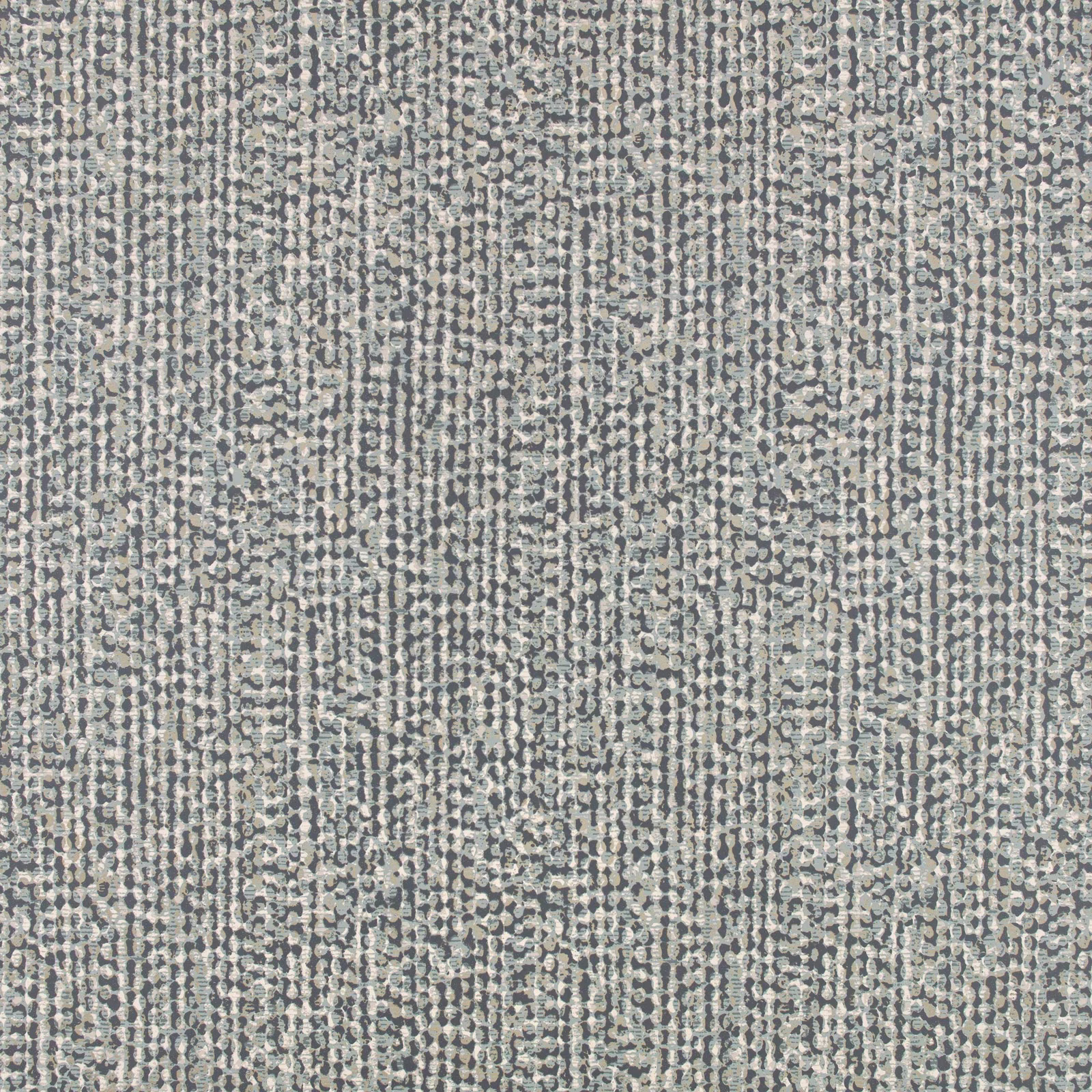 Close-up of cool blue-grey wallpaper with fine vertical mottled lines and cream flecks