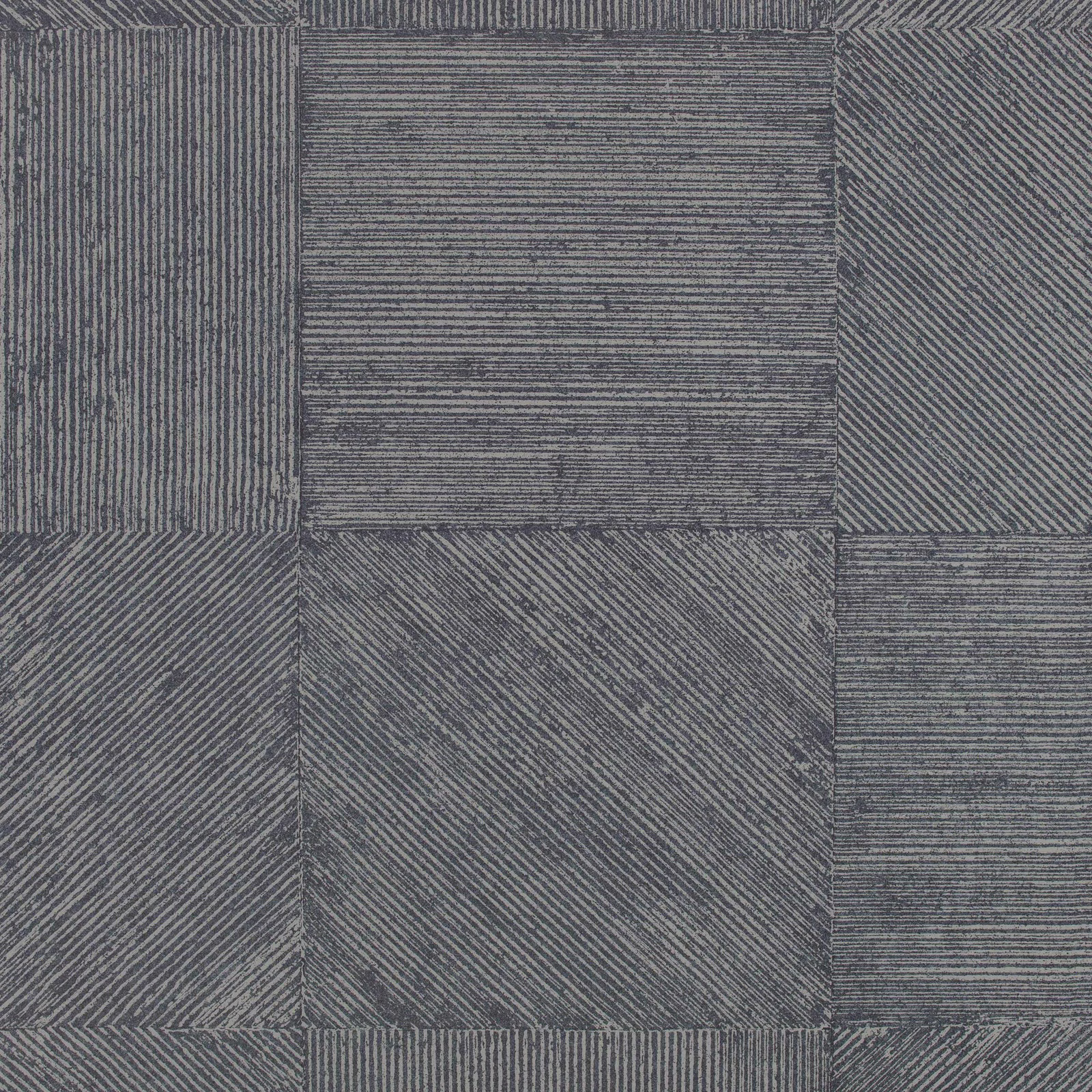Charcoal blue-grey wallcovering with patchwork blocks and fine diagonal, horizontal lines