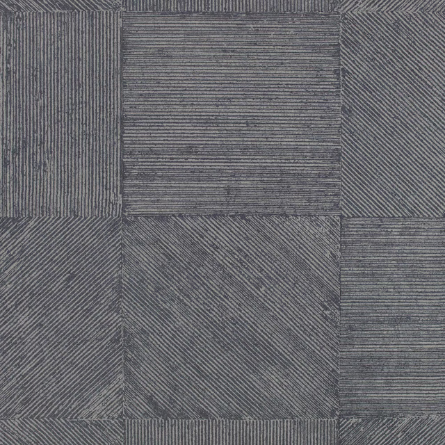 Charcoal blue-grey wallcovering with patchwork blocks and fine diagonal, horizontal lines