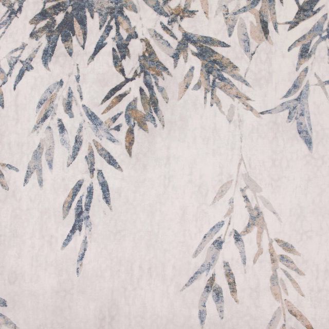 Pale ivory textile with hanging blue-grey and taupe leafy branches and subtle texture