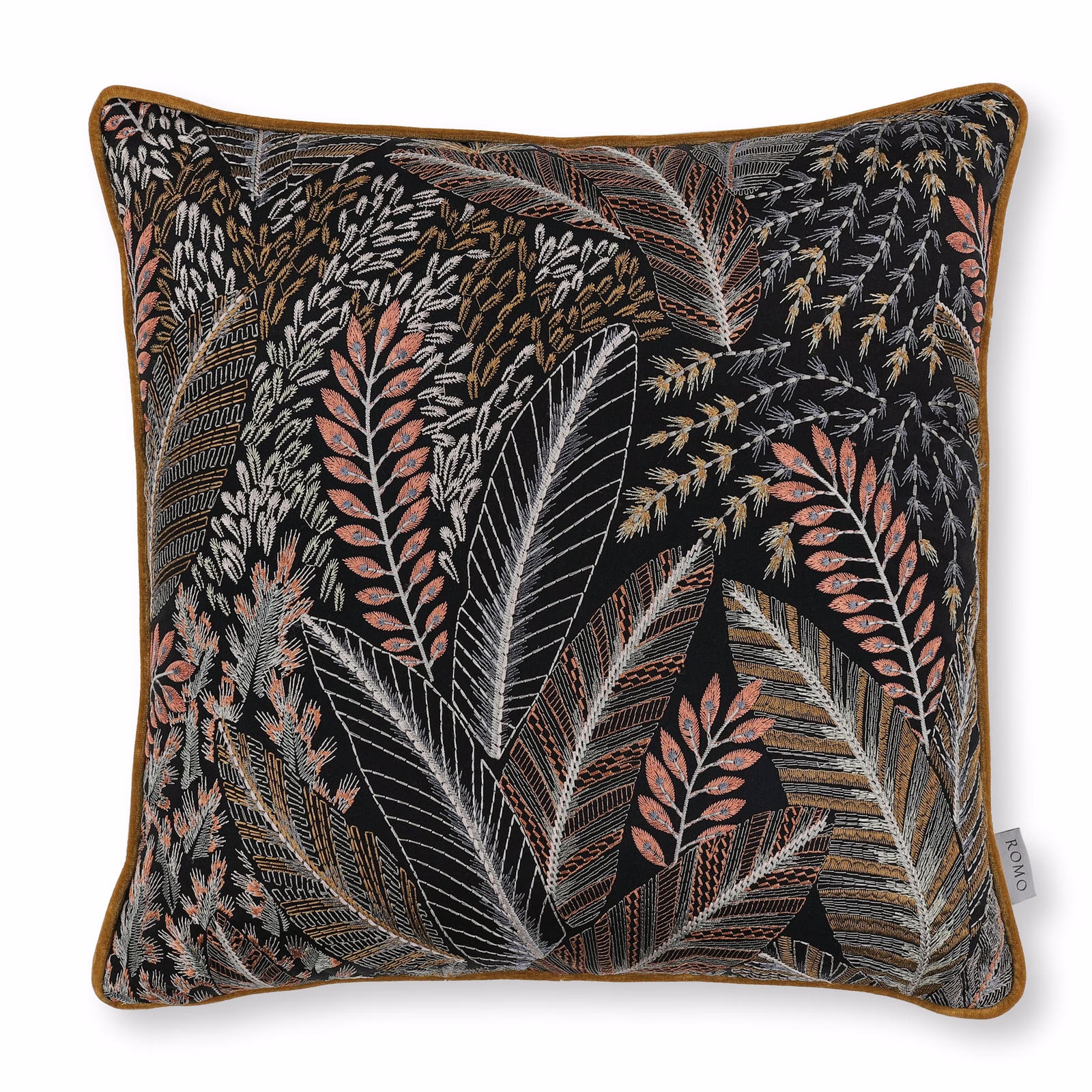 Near-black botanical fabric with coral, taupe and pale blue-grey leaf motifs