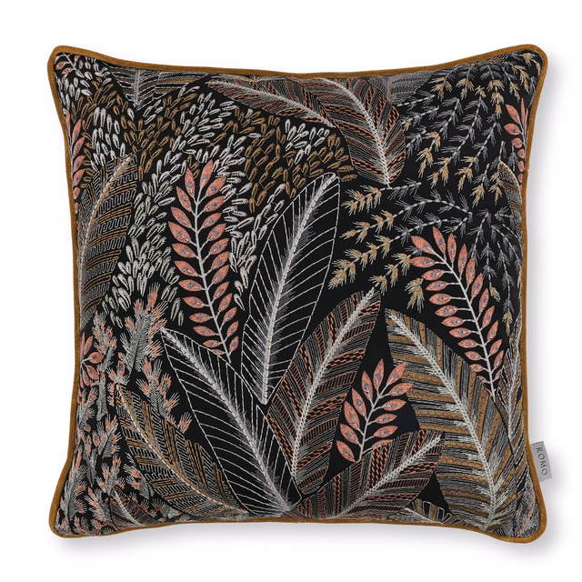 Near-black botanical fabric with coral, taupe and pale blue-grey leaf motifs