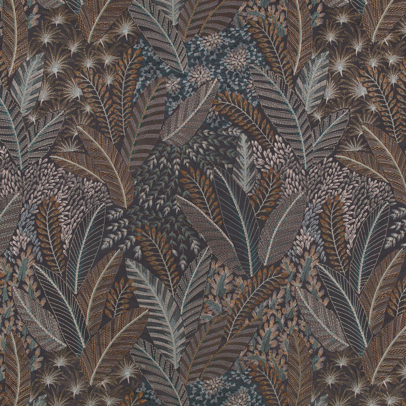 Dark Chiraco Spice botanical fabric with teal leaves, charcoal ground and rust accents