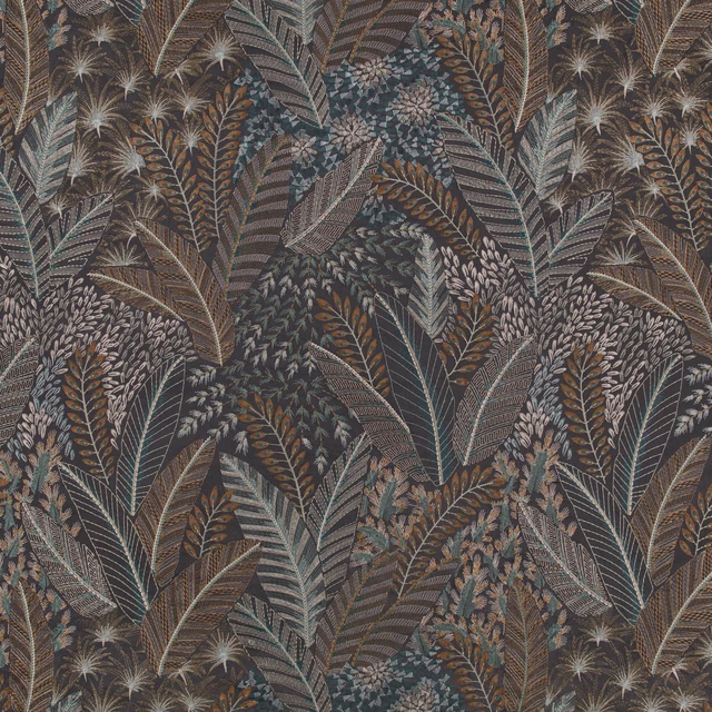 Dark Chiraco Spice botanical fabric with teal leaves, charcoal ground and rust accents