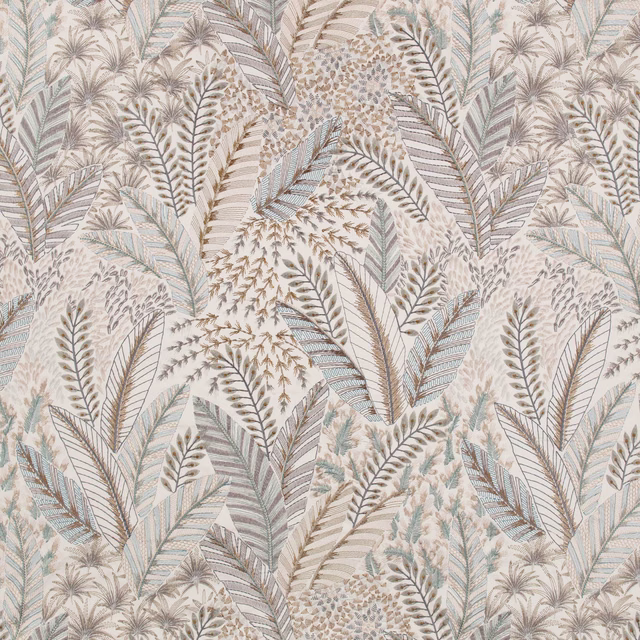 Ivory botanical fabric with blue-grey fronds and warm taupe leaf clusters