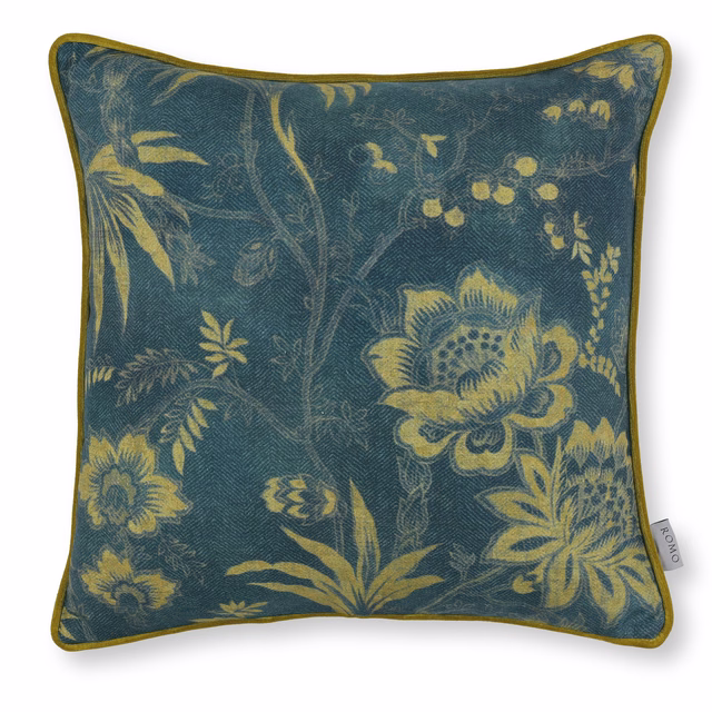 Deep blue cushion fabric with ochre florals and a fine woven texture