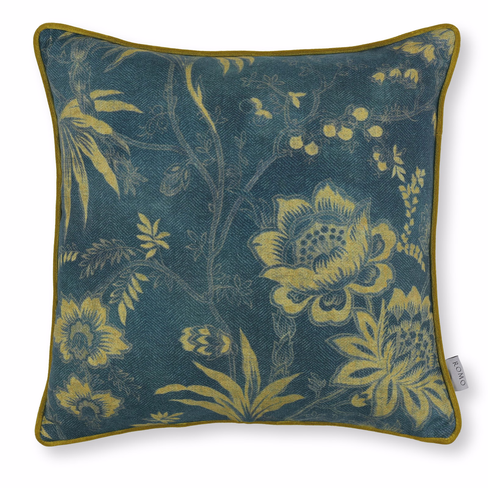 Deep teal woven cushion with antique-gold botanical flowers, leaves and olive piping