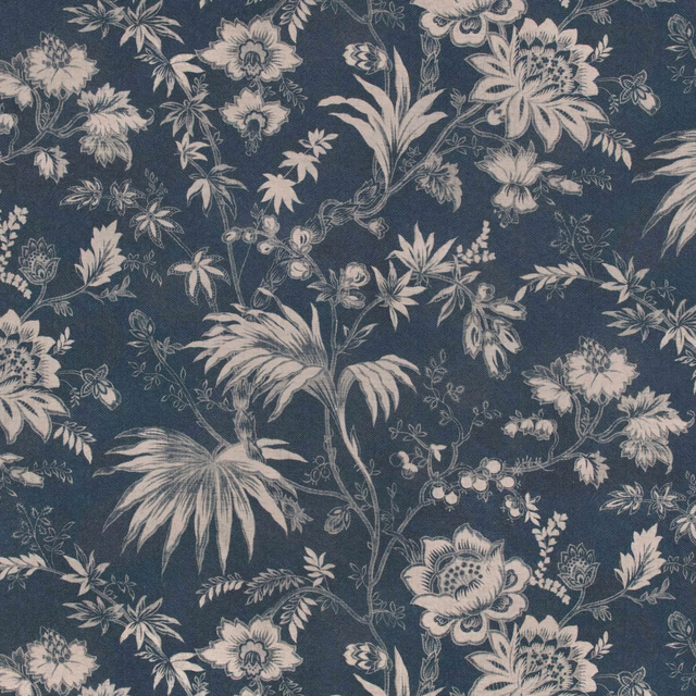 Deep indigo floral fabric with pale botanical stems, blossoms and feathery leaves