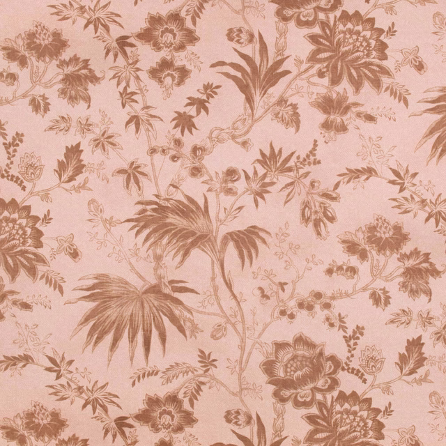 Dusty blush fabric with sepia botanical flowers, leaves and curling stems