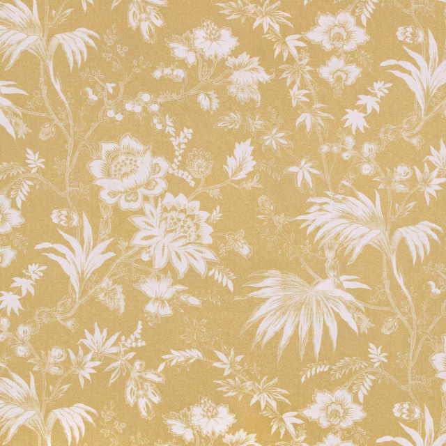Quince-gold floral fabric with ivory blooms, leafy sprays and feathery fronds