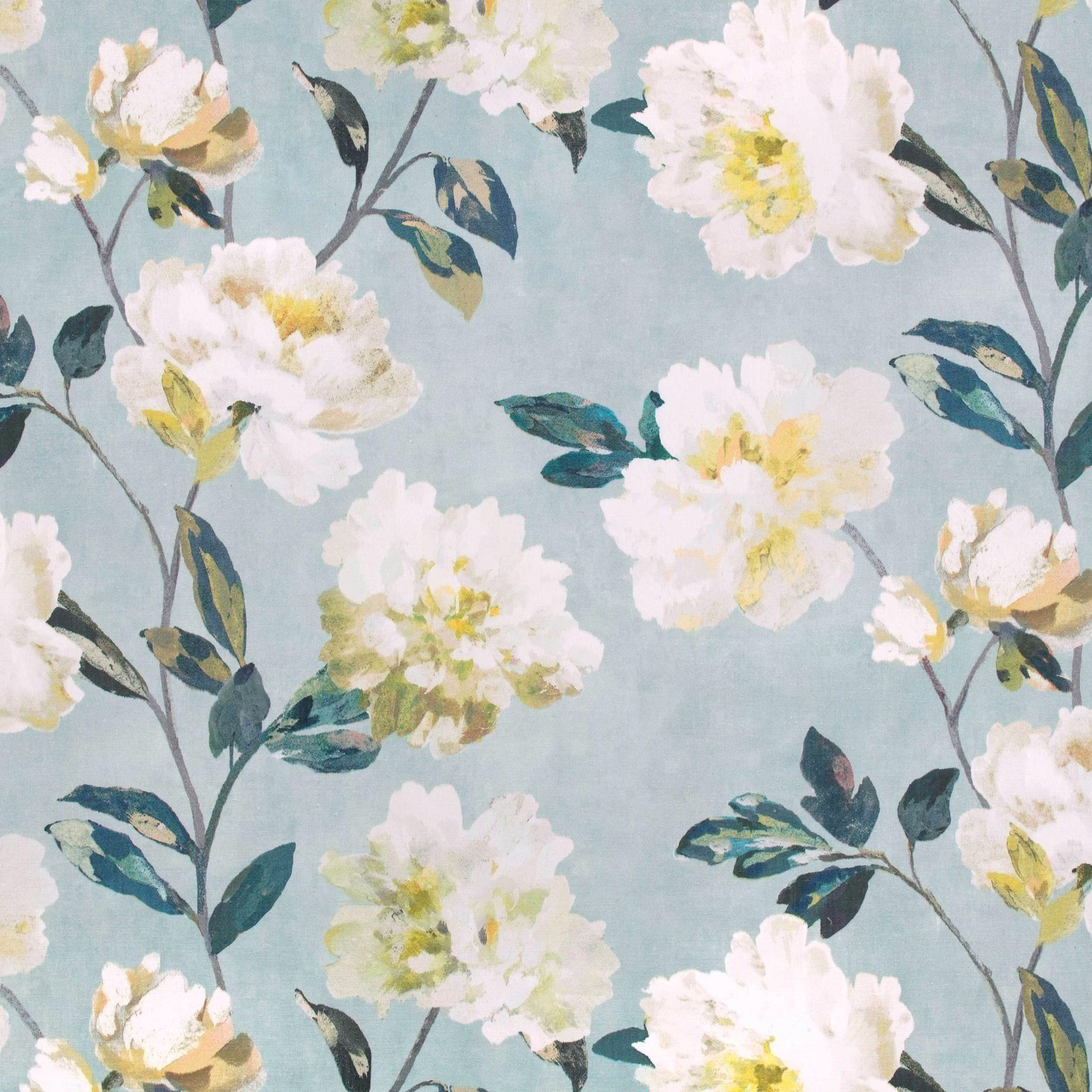 Pale aqua floral fabric with white blossoms, teal leaves and painterly olive branches