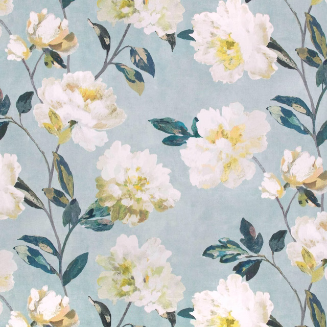Pale aqua floral fabric with white blossoms, teal leaves and painterly olive branches