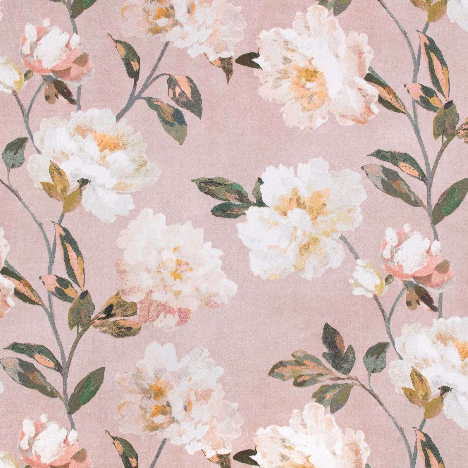 Dusty blush fabric with large white blossoms, peach centres and green botanical branches