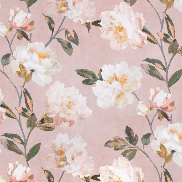 Dusty blush fabric with large white blossoms, peach centres and green botanical branches
