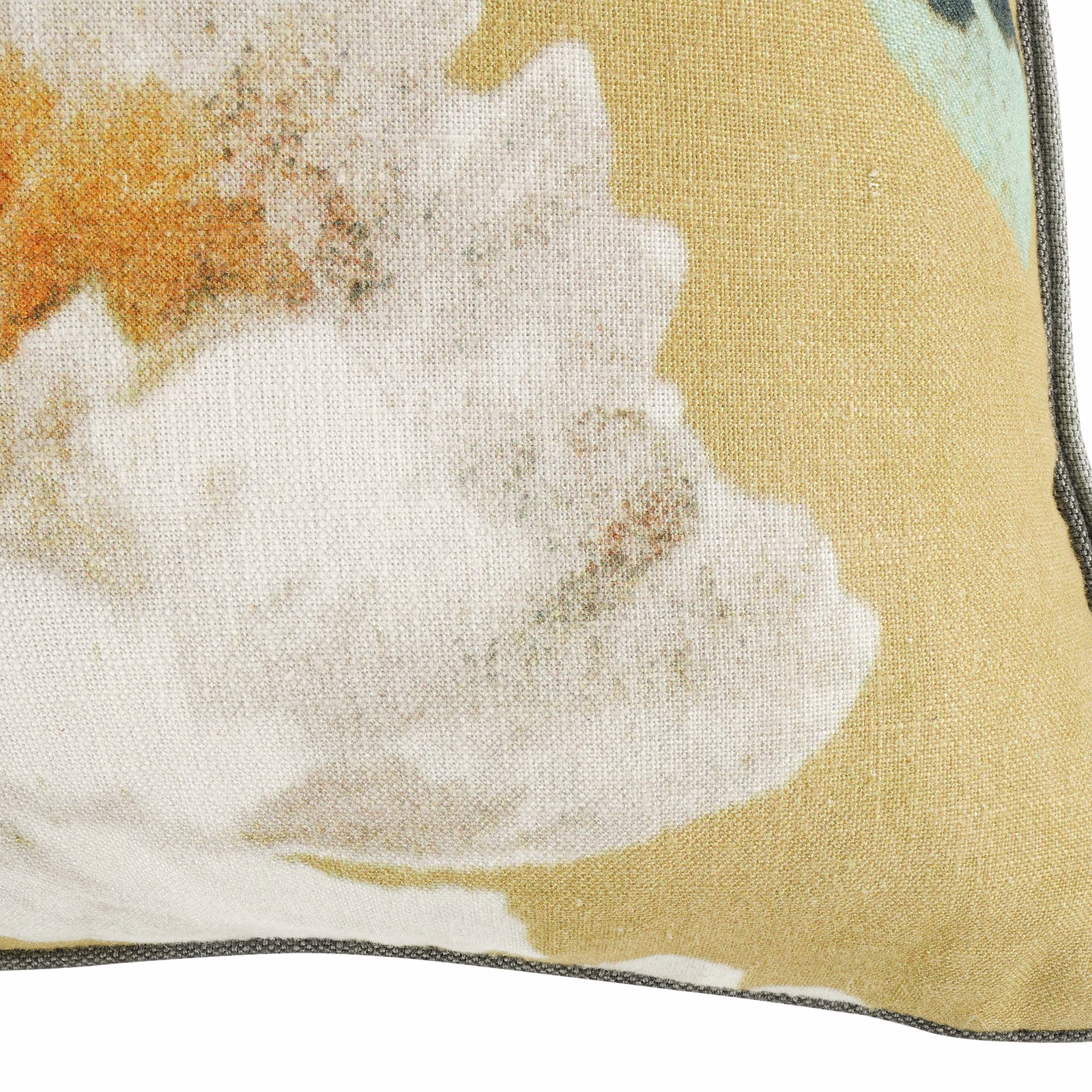 Ochre-gold woven fabric with ivory floral shapes, rust accents and pale blue-green detail
