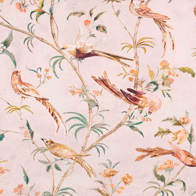Dusty blush ground with painted birds, palm fronds and scattered blossom branches