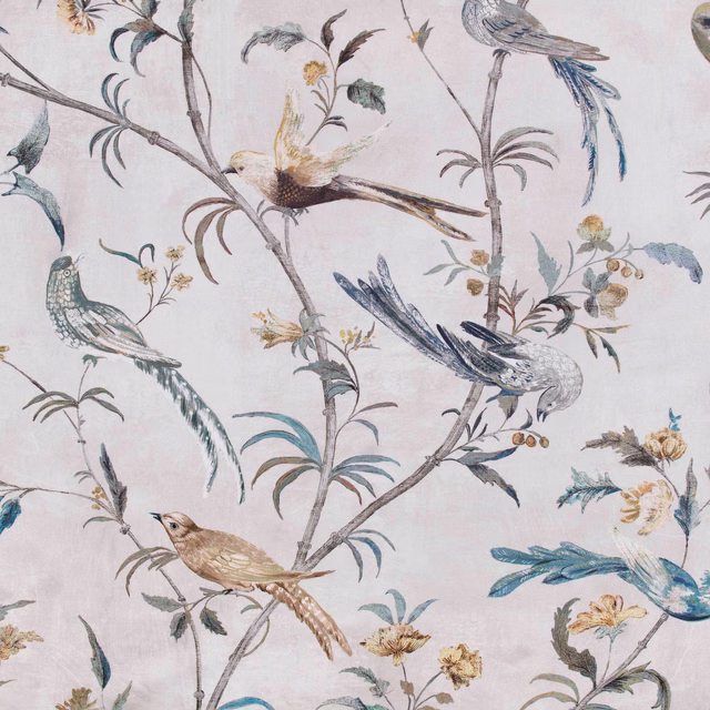 Pale grey fabric with blue-grey birds, flowering branches and botanical motifs