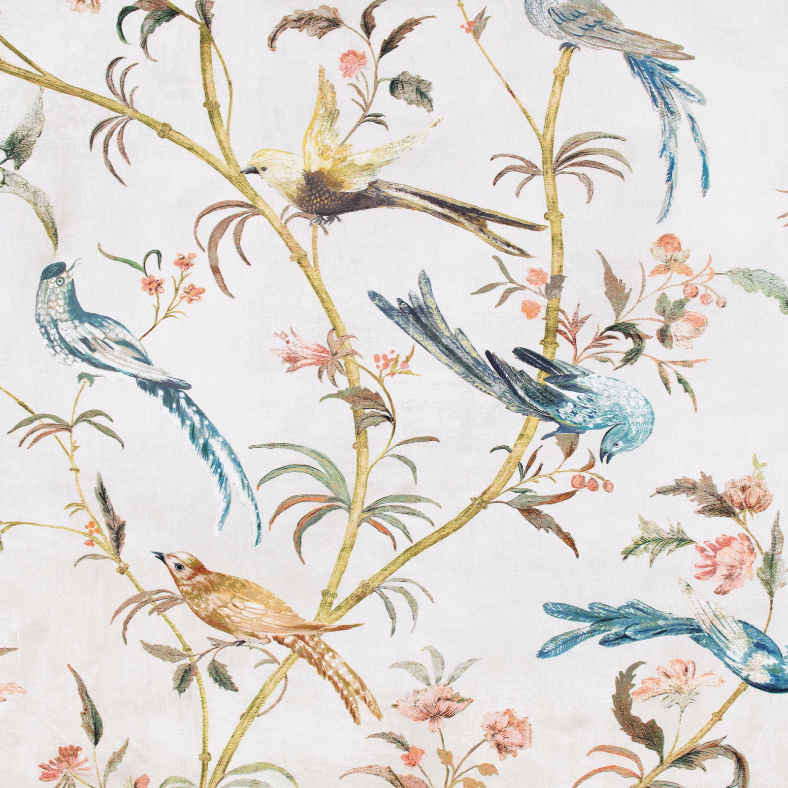 Ivory fabric with teal birds, olive branches and coral blossom sprays