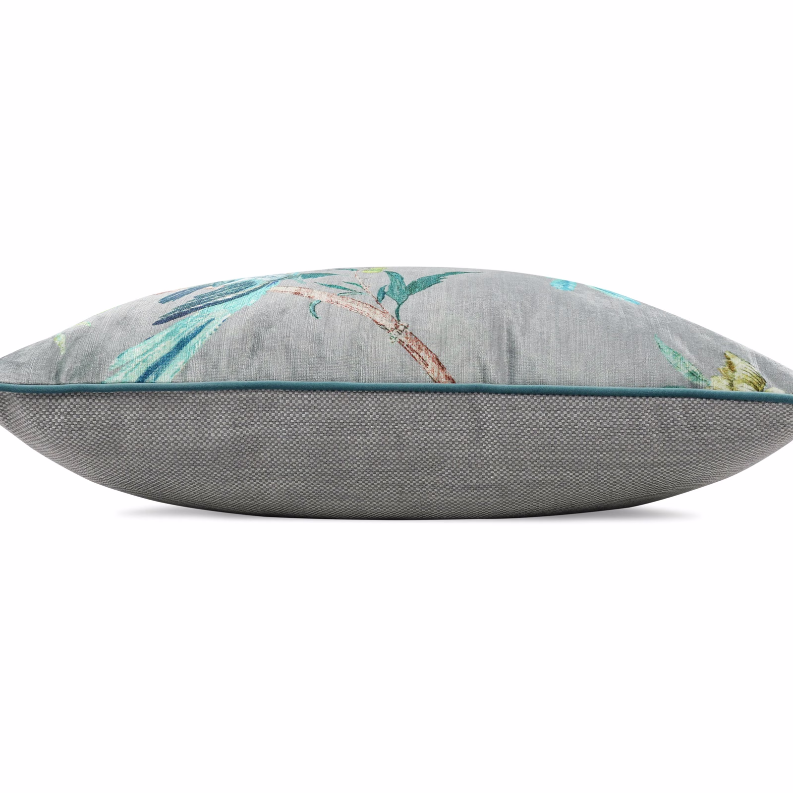Jade velvet cushion with pale grey-blue ground and teal botanical fronds