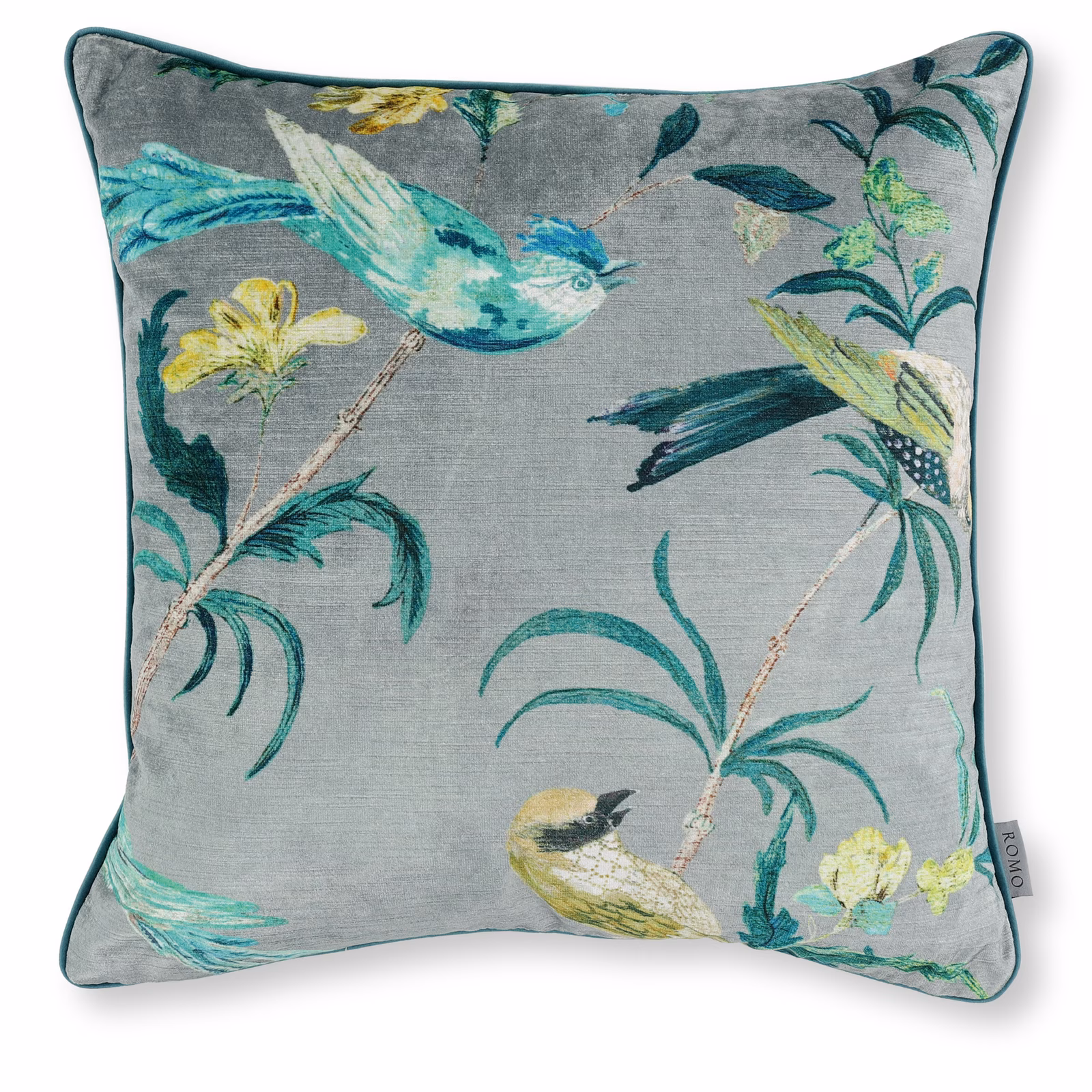 Grey-jade velvet cushion with turquoise birds, leafy branches and yellow flowers