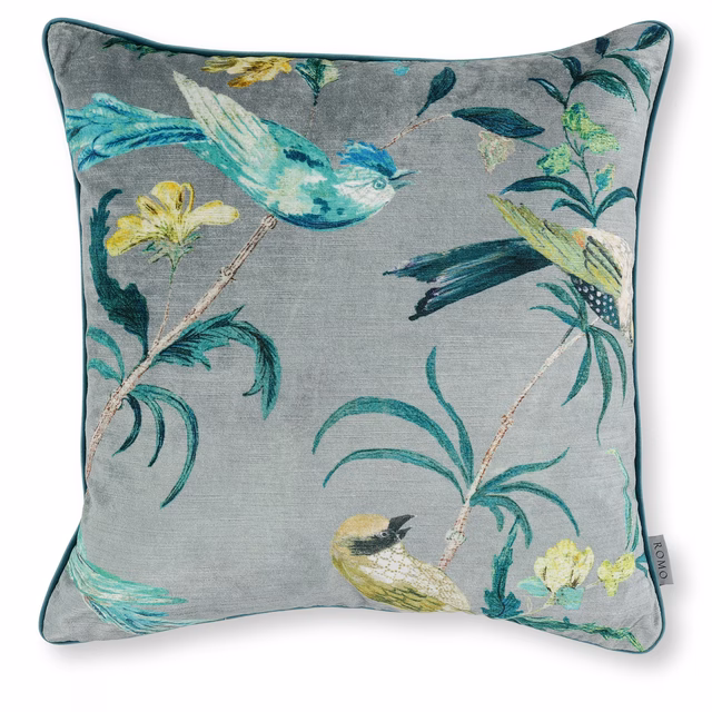 Grey-jade velvet cushion with turquoise birds, leafy branches and yellow flowers