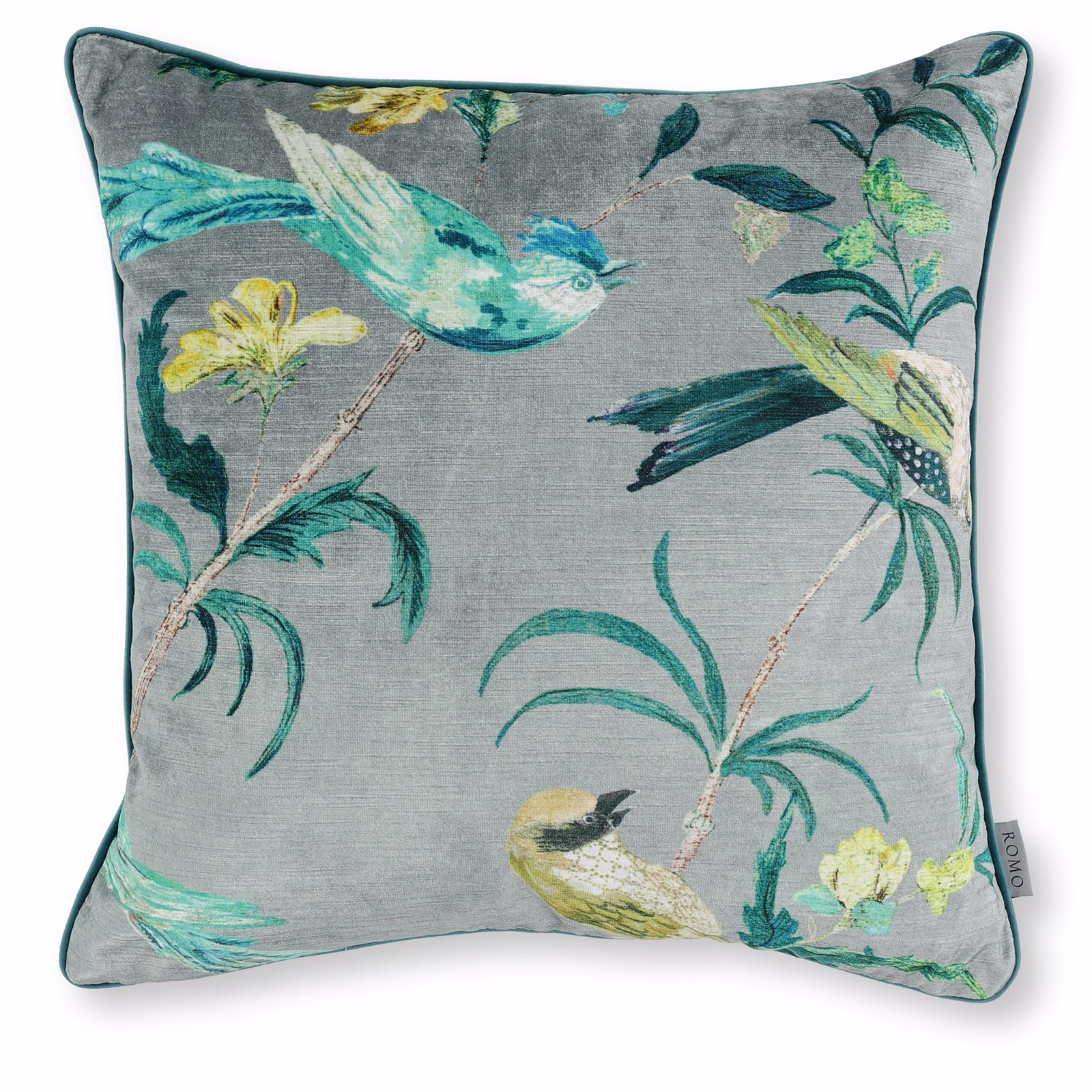 Cool grey velvet cushion with jade birds, turquoise foliage and yellow flowers
