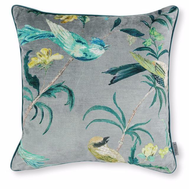Cool grey velvet cushion with jade birds, turquoise foliage and yellow flowers