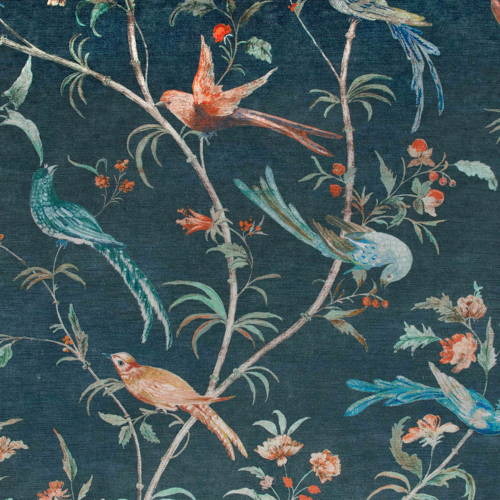 Dark teal velvet with coral birds, blue plumage and flowering branches