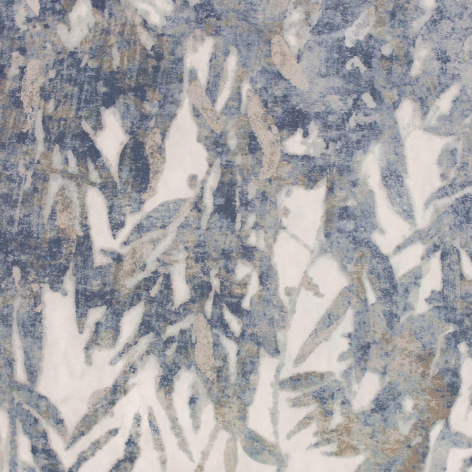 Mottled denim-blue Shibori wallpaper with chalk-white and taupe abstract forms