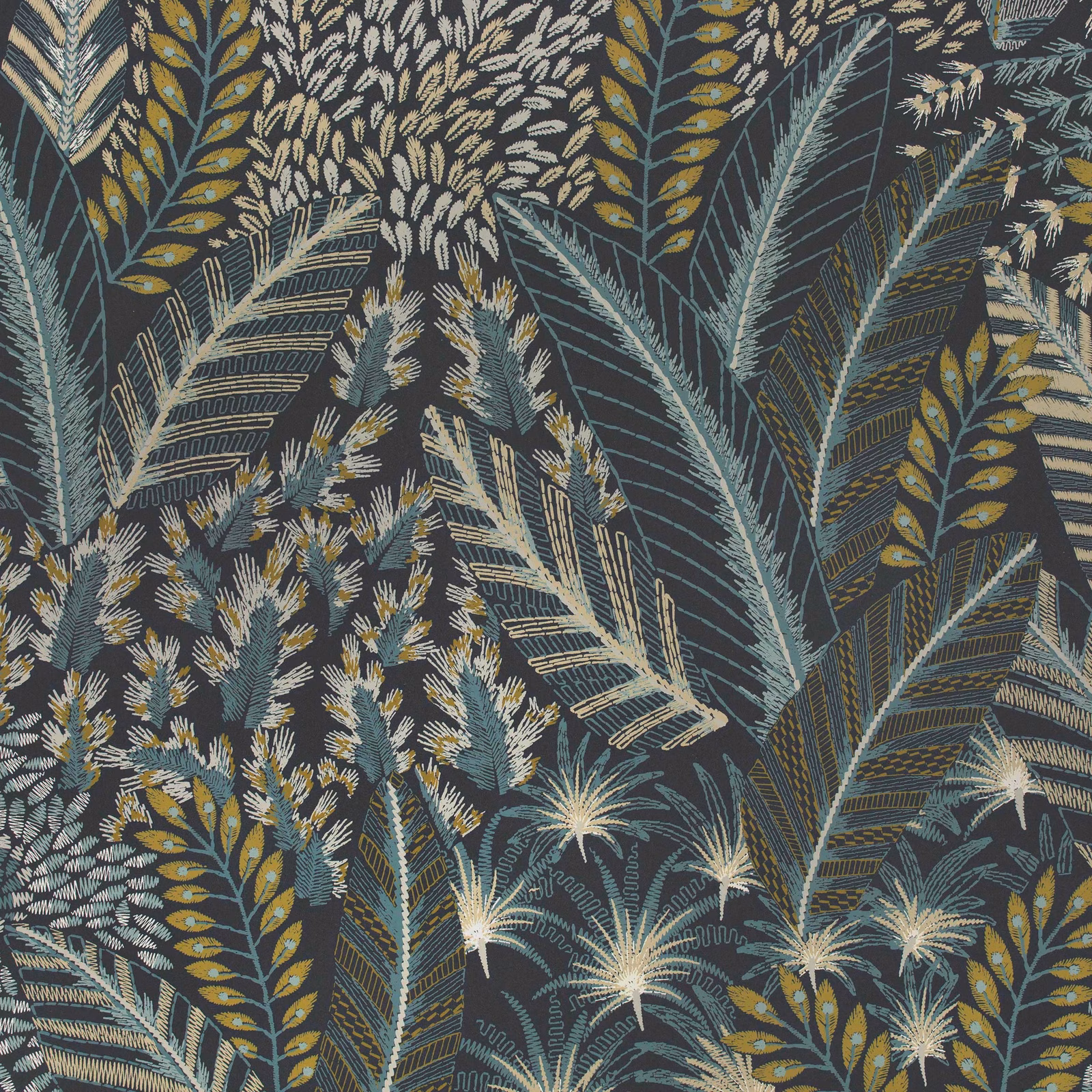 Dense botanical wallpaper in deep blue charcoal with teal, cream and ochre foliage