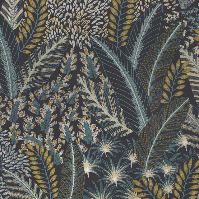 Dense botanical wallpaper in deep blue charcoal with teal, cream and ochre foliage