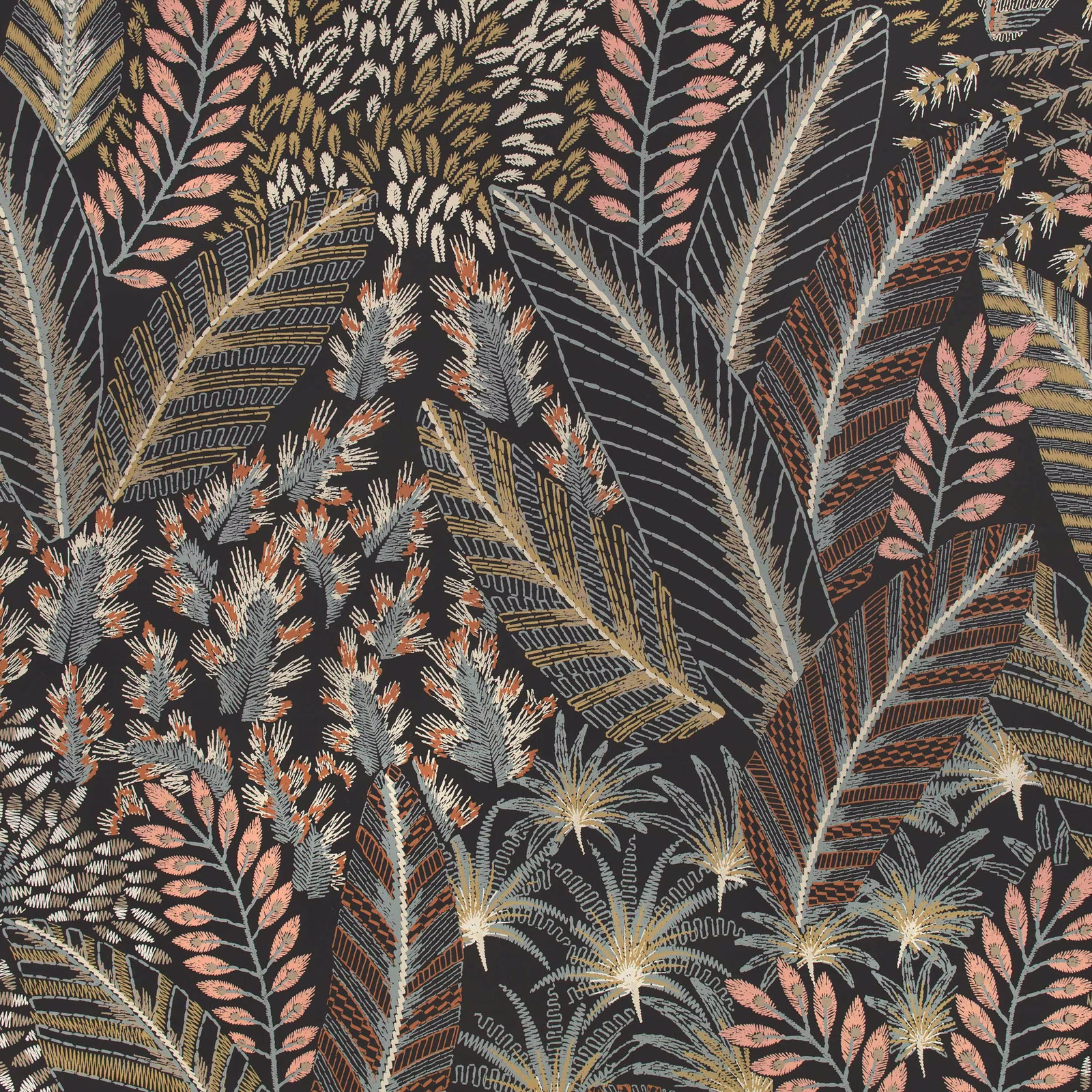 Dark charcoal botanical wallpaper with dusty pink leaves, blue-grey fronds and ochre details