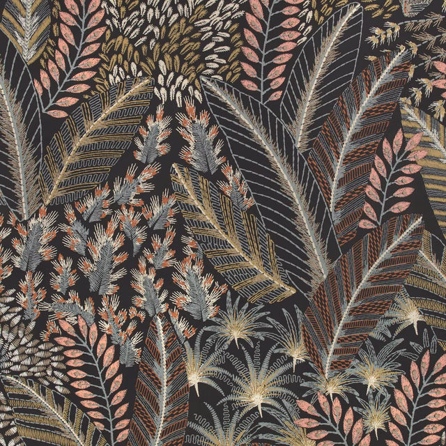 Dark charcoal botanical wallpaper with dusty pink leaves, blue-grey fronds and ochre details