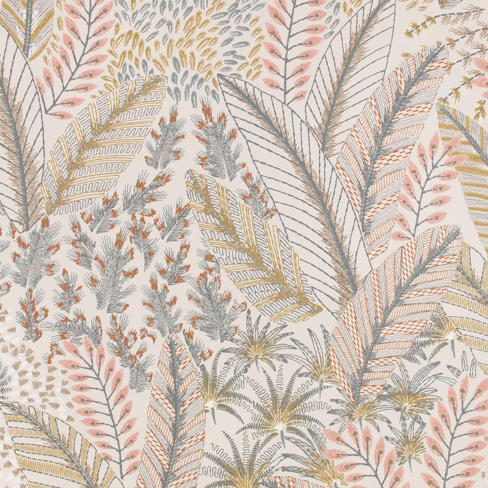 Pale cream botanical wallpaper with blush leaves, blue-grey fronds and ochre accents