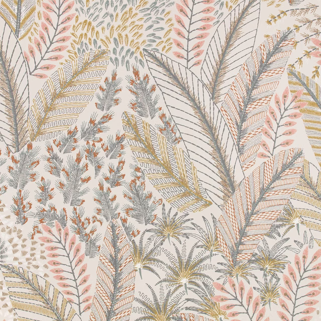 Pale cream botanical wallpaper with blush leaves, blue-grey fronds and ochre accents