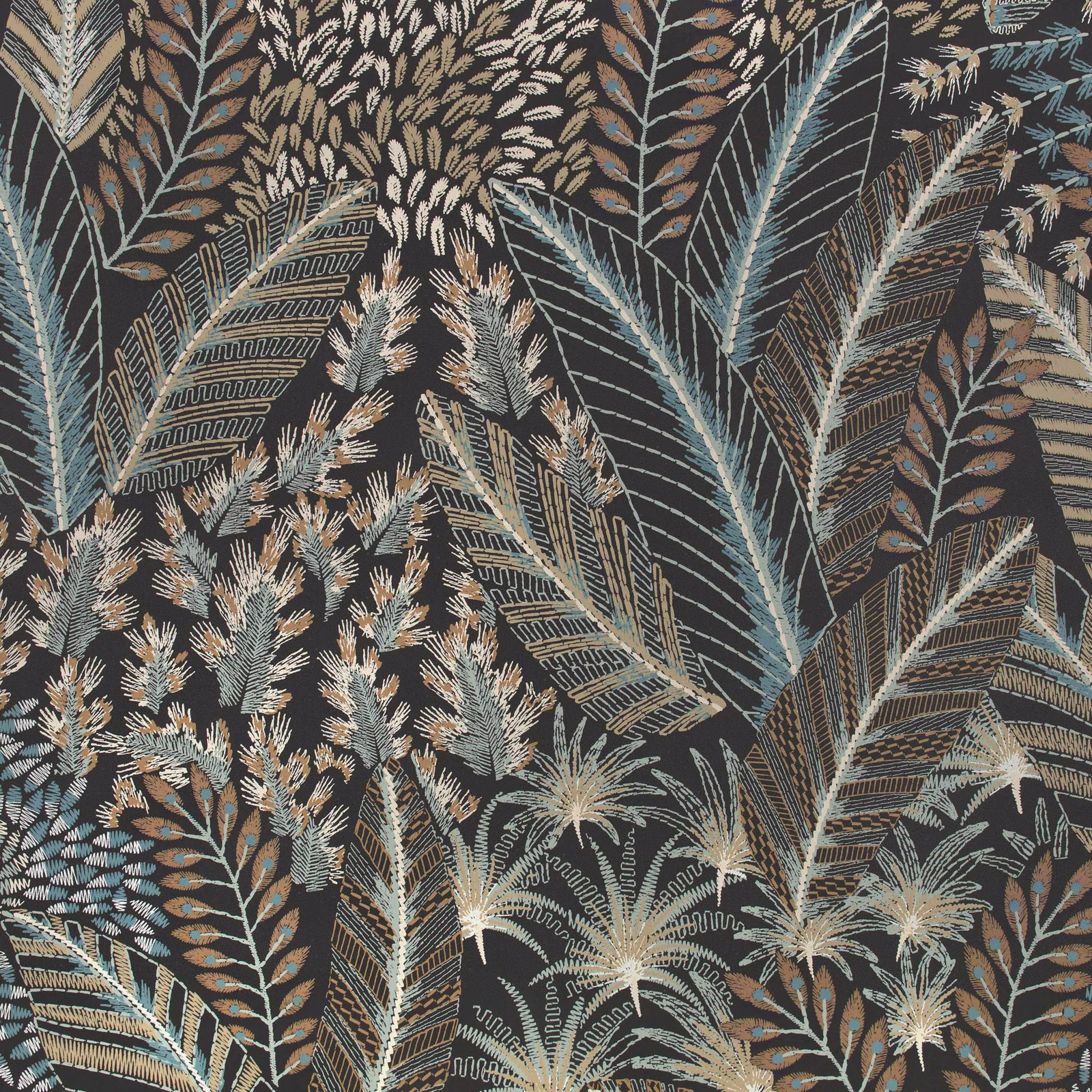 Charcoal wallpaper with teal fronds, rust leaf details and ivory feathery botanical stems