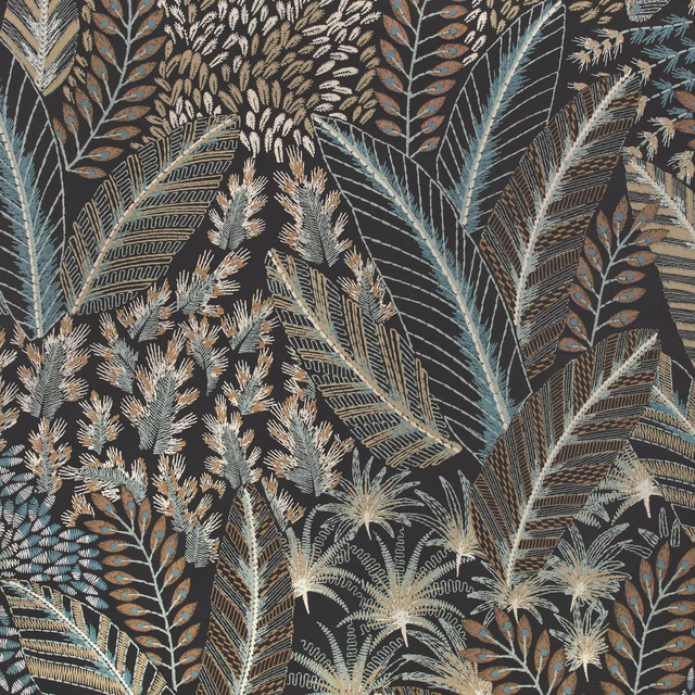 Charcoal wallpaper with teal fronds, rust leaf details and ivory feathery botanical stems