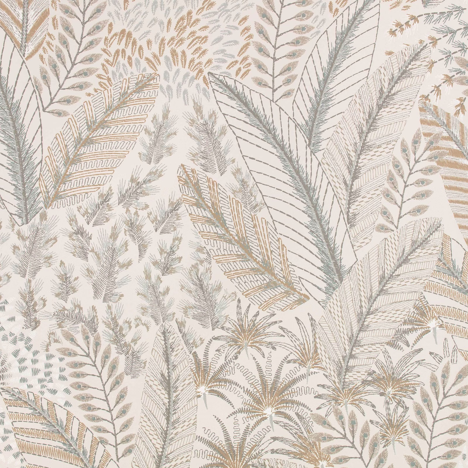 Ivory botanical wallcovering with taupe, grey and sandy fern motifs