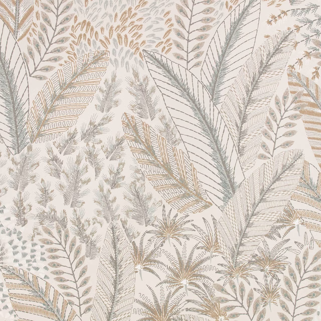 Ivory botanical wallcovering with taupe, grey and sandy fern motifs