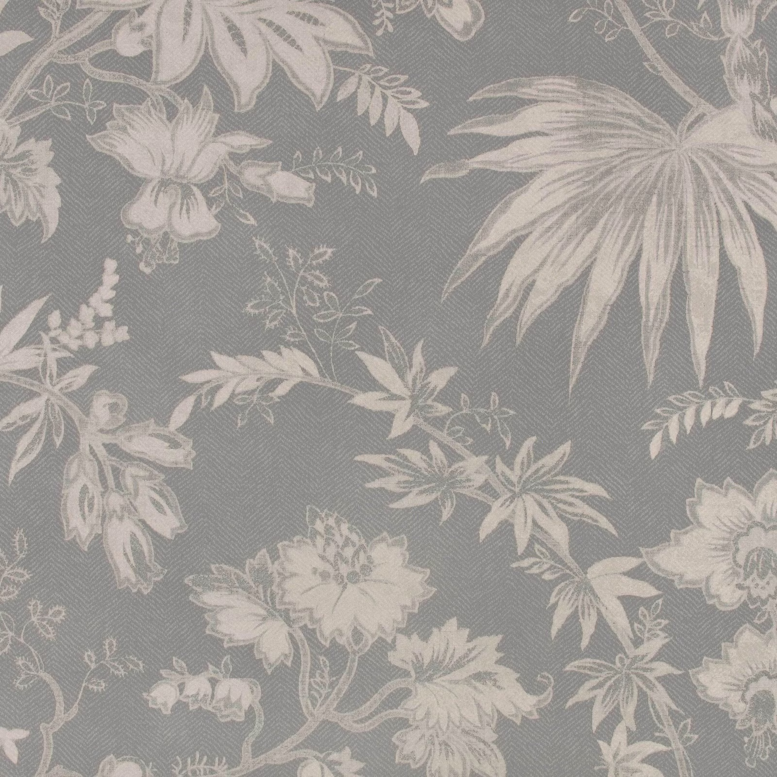 Cool grey wallpaper with oversized ivory flowers, leaves and trailing botanical stems
