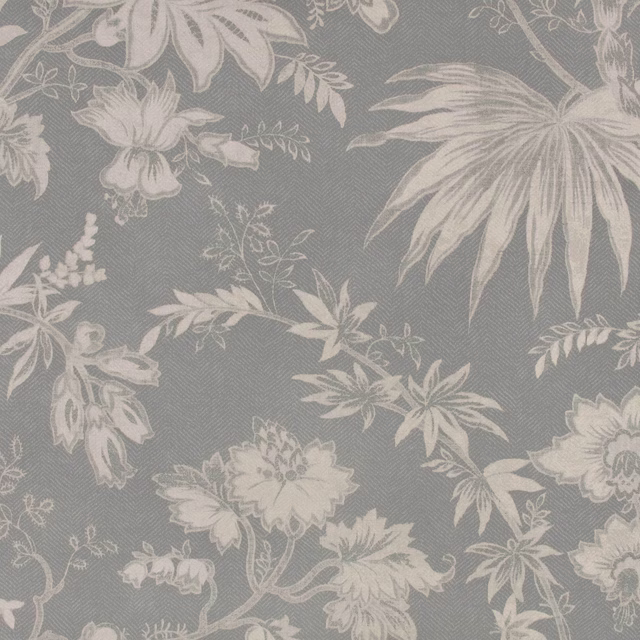 Cool grey wallpaper with oversized ivory flowers, leaves and trailing botanical stems