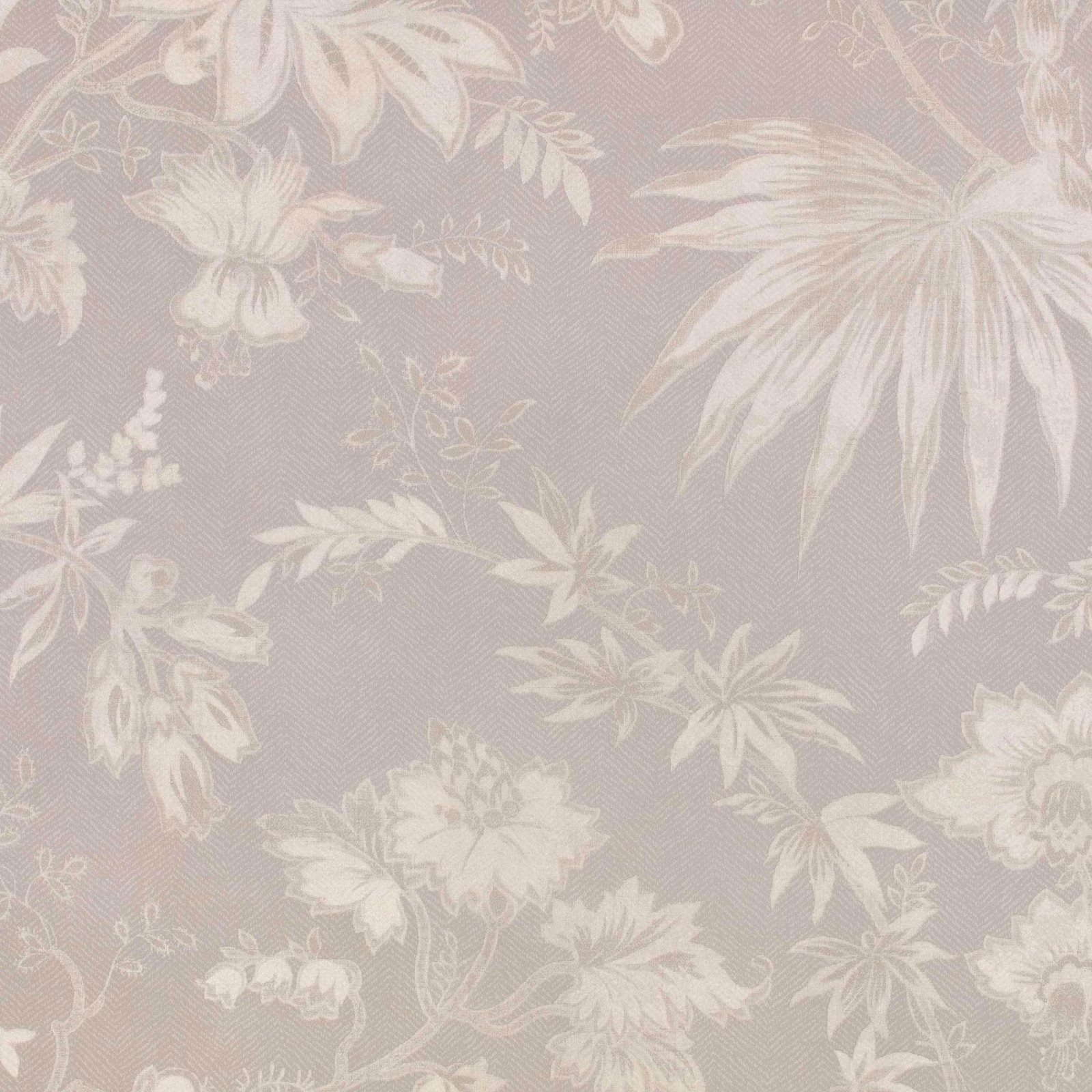 Warm taupe floral wallpaper with oversized ivory blooms and fine crosshatched texture