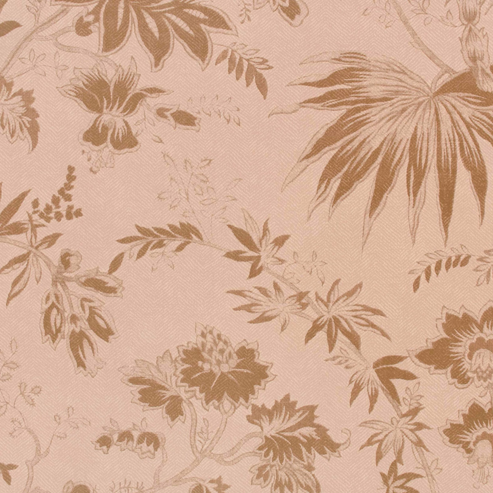 Dusty blush-beige wallpaper with sepia flowers, leafy stems and fine printed grain
