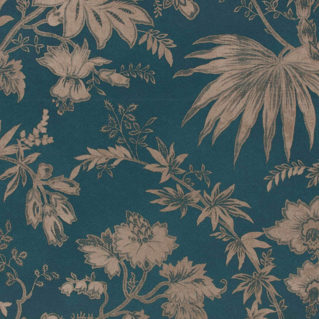 Deep teal wallpaper with large taupe flowers, sweeping leaves and trailing botanical stems