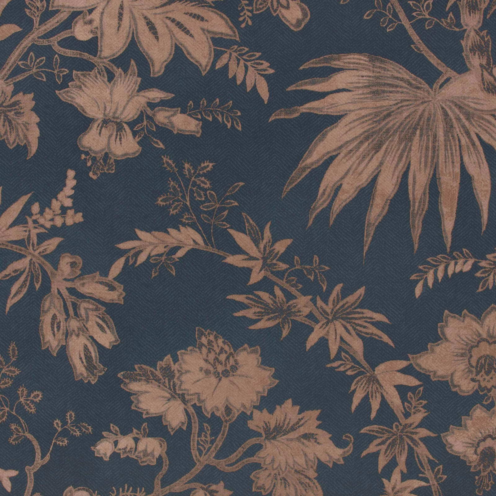 Deep blue-grey wallpaper with taupe oversized flowers, leaves and trailing botanical stems