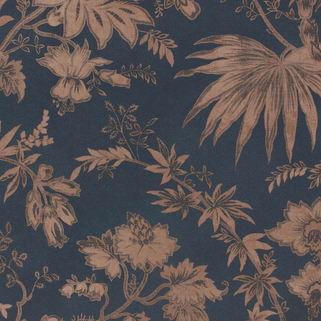 Deep blue-grey wallpaper with taupe oversized flowers, leaves and trailing botanical stems